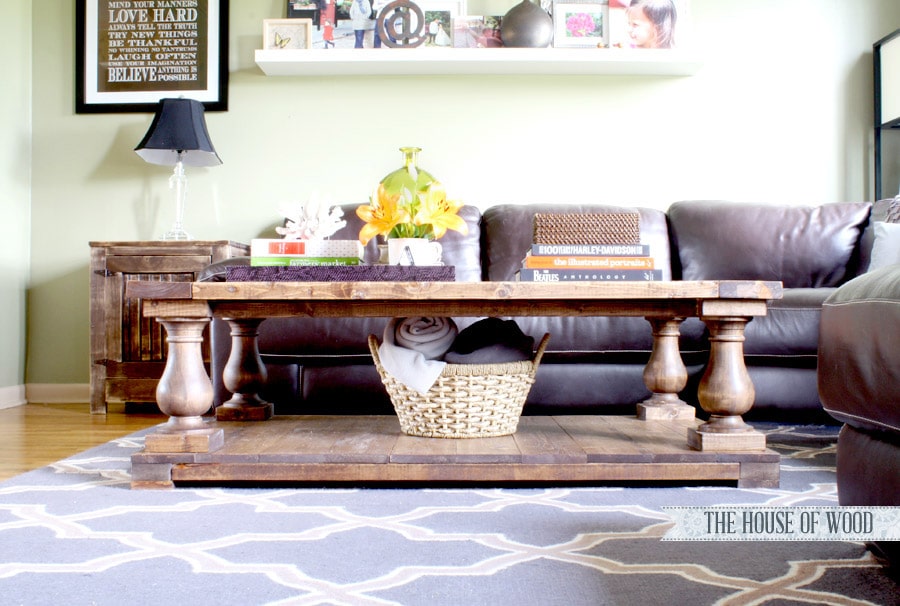 Build this beautiful Restoration Hardware-inspired coffee table with turned legs and farmhouse look! www.jenwoodhouse.com/blog