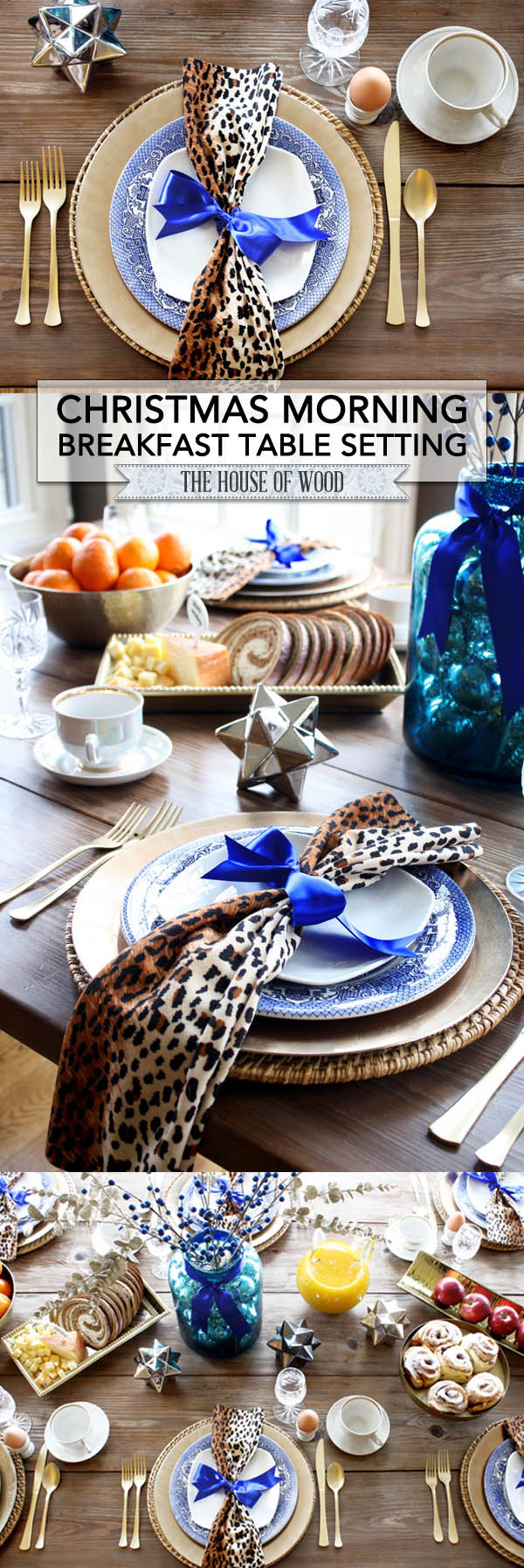 Bring color and glam to your holiday table with this stunning Christmas tablescape decorated with leopard print, royal blue, and gold! | www.jenwoodhouse.com/blog