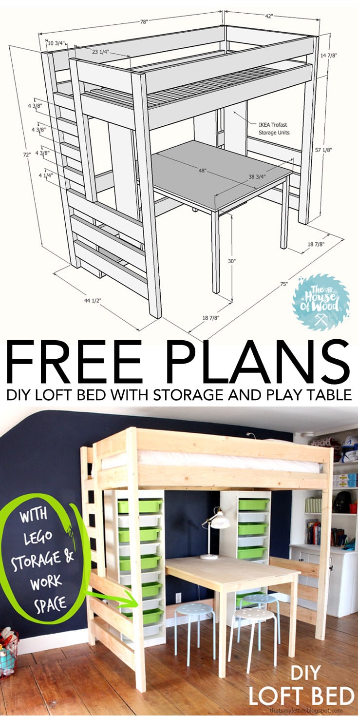 How to build a DIY loft bed with storage and play table. #loftbed #diy #bed #loft #kids