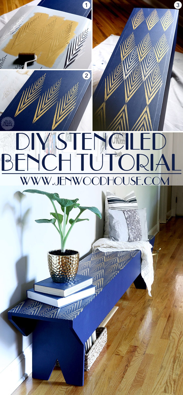 Great tutorial on how to stencil a DIY bench - gorgeous! She has plans on how to build the bench from scratch too!