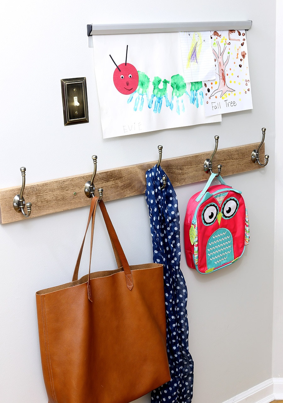 Use coat hooks to keep kids backpacks, coats, and scarves neat and organized
