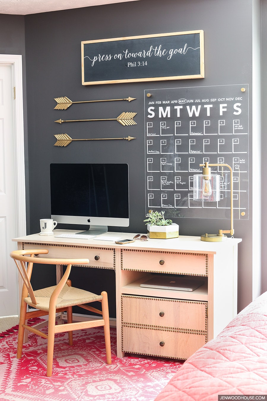 This home office space is so stylish and chic! Tutorial on how to make an acrylic wall calendar. LOVE!