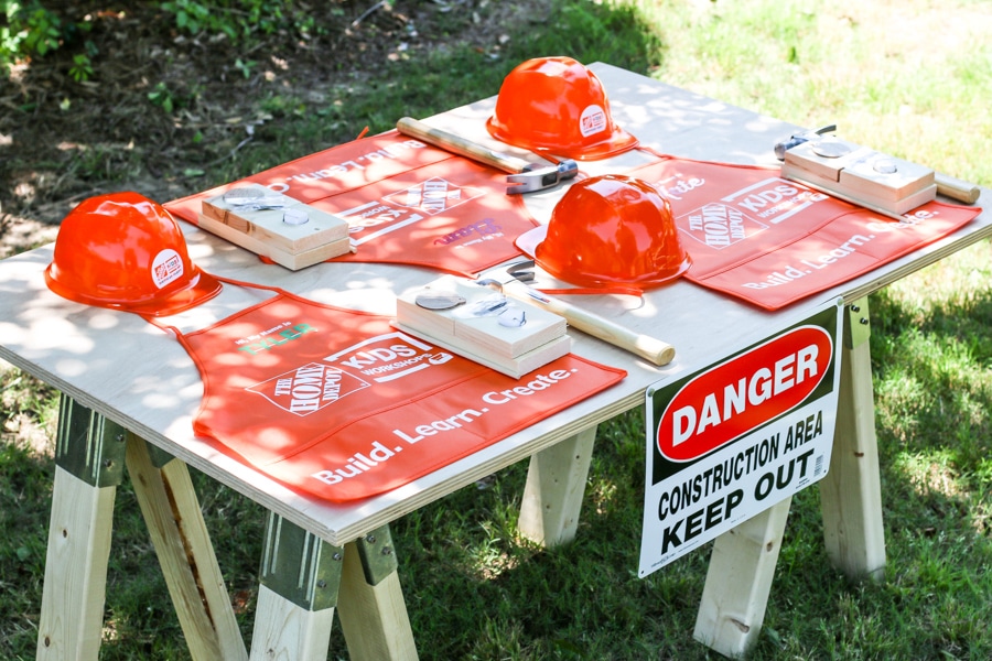 Did you know you can buy party supplies and kids workshop kits from HomeDepot.com? Adorable construction-themed kids party where kids can build stuff!