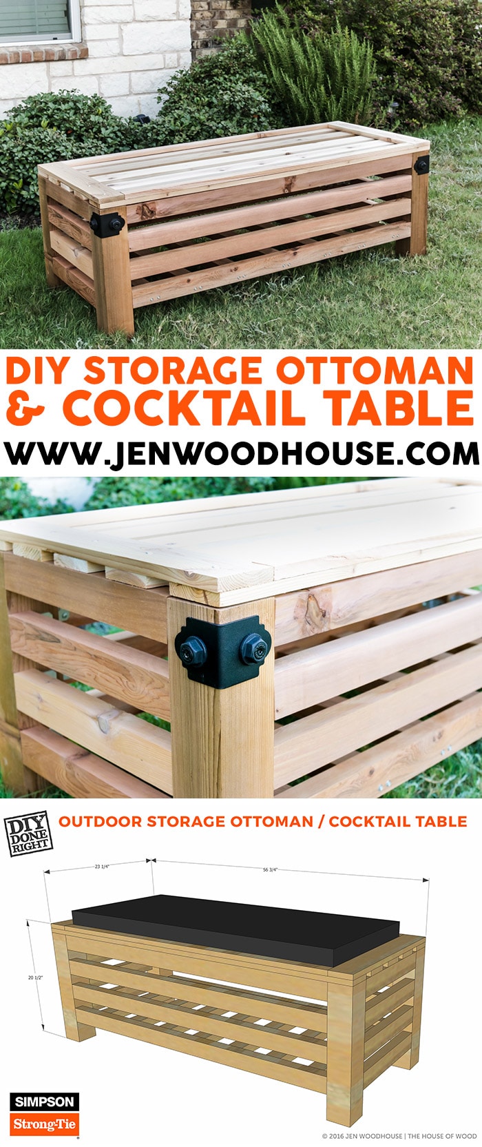 How to build a DIY outdoor storage ottoman and cocktail table - free building plans by Jen Woodhouse!