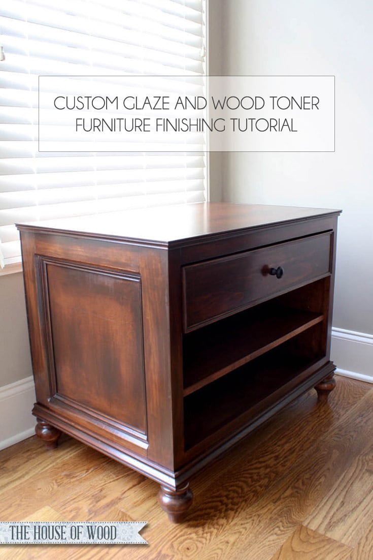 How to use custom glaze and wood toner to finish a DIY printer table. In-depth tutorial at www.jenwoodhouse.com/blog