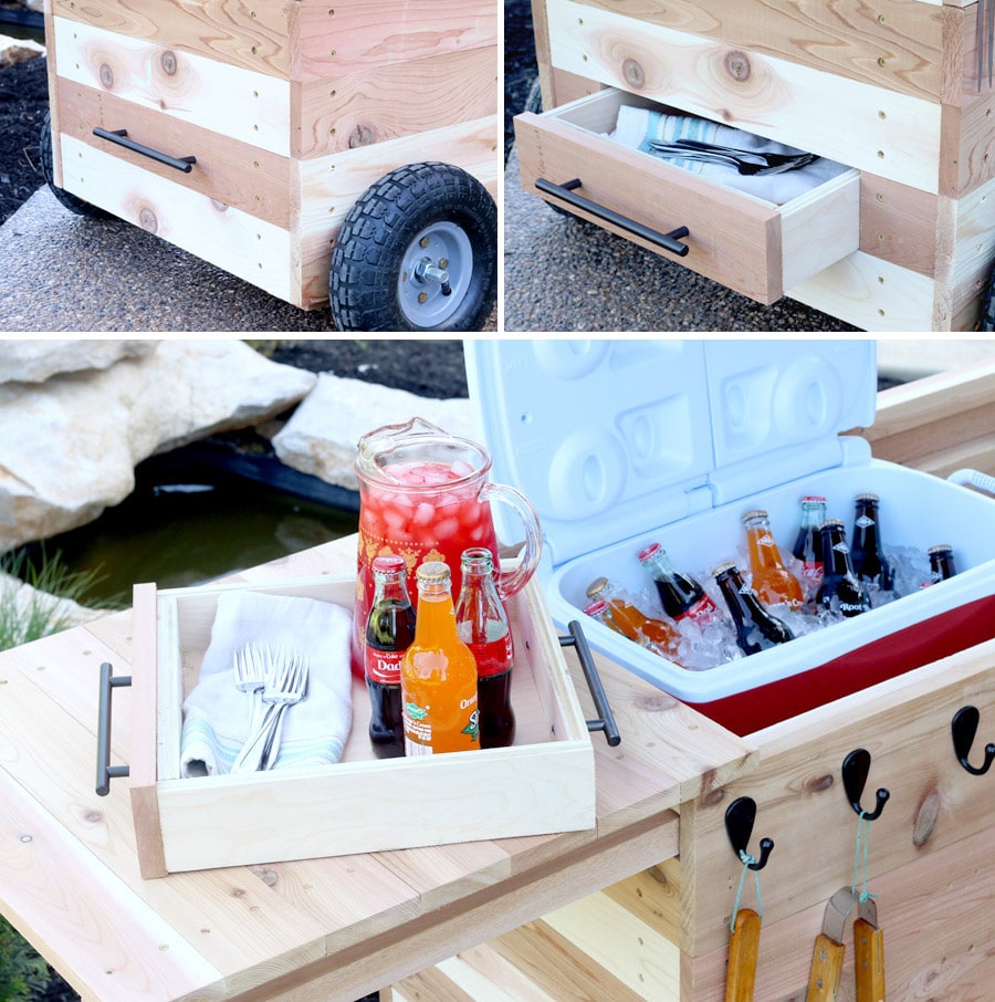 Outdoor party station mobile cart featuring storage for a large cooler, drawer that pulls out and doubles as a serving tray, pipe towel bar, and kiddie table! So COOL!