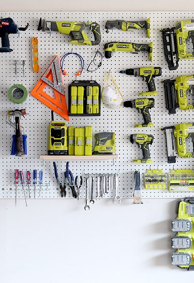 Organized garage/workshop with pegboard