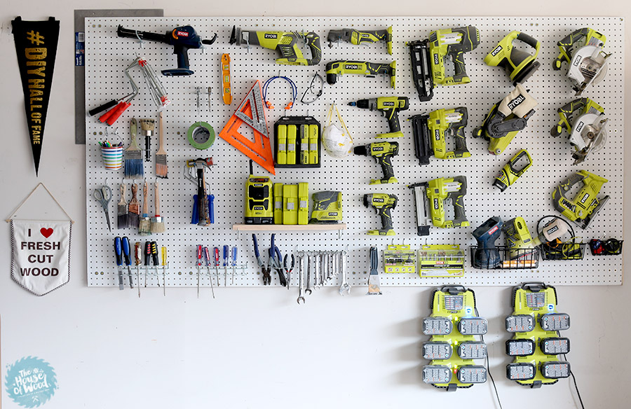 Organized garage/workshop with pegboard