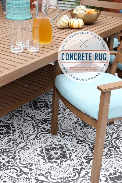 How to create a faux patio rug with stencils and concrete stain via Jen Woodhouse