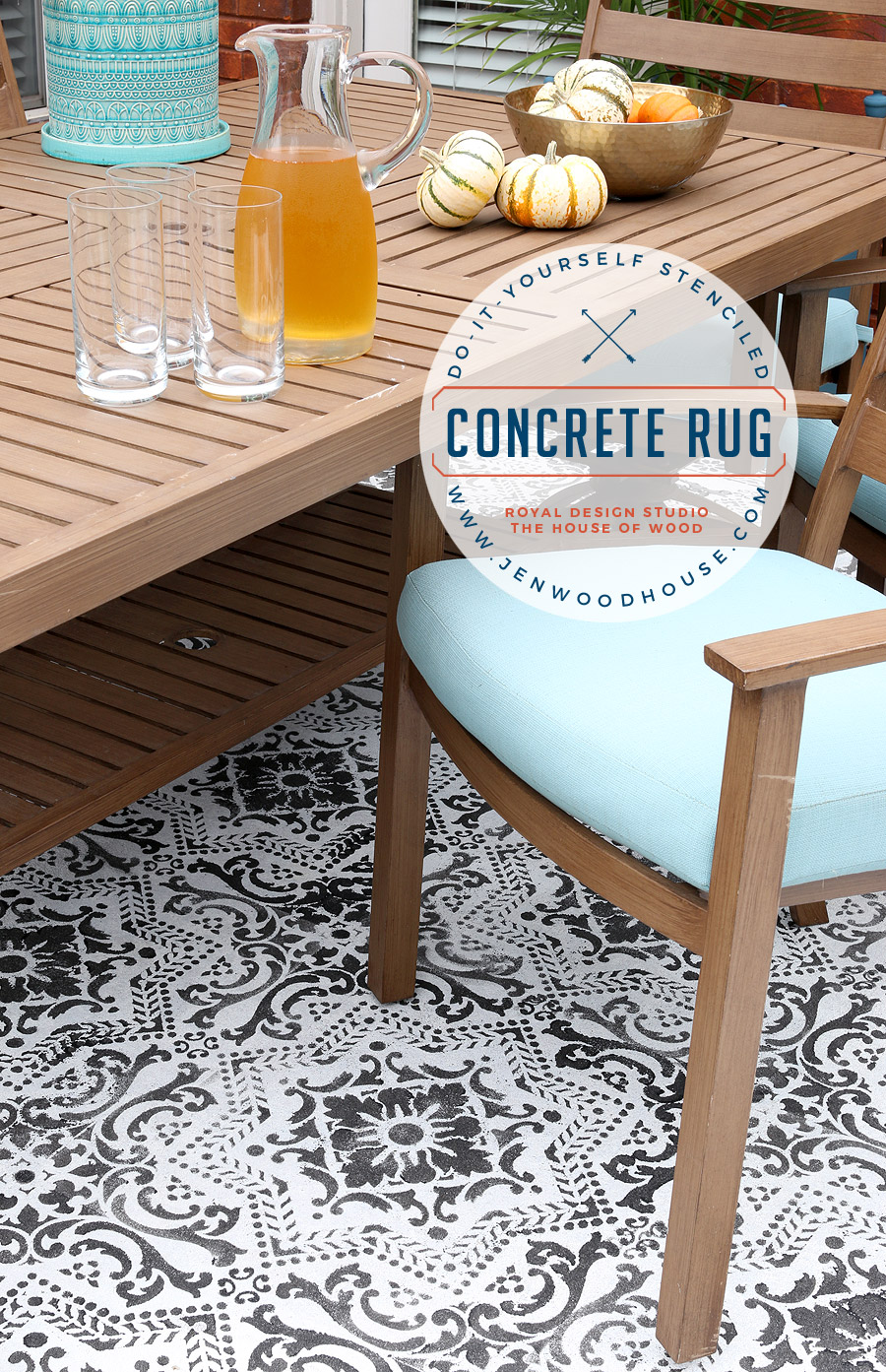How to create a faux patio rug with stencils and concrete stain via Jen Woodhouse