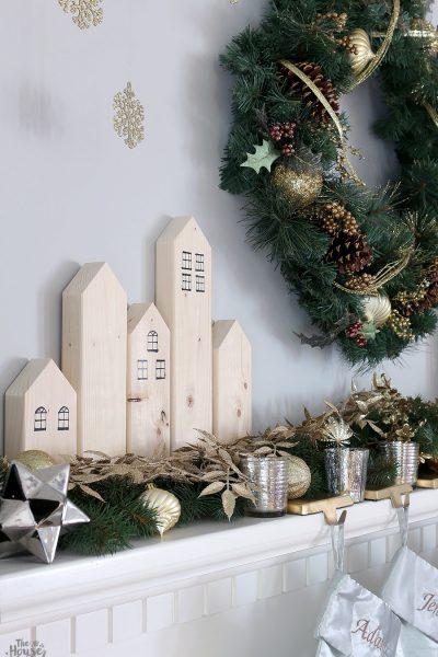 Christmas mantel with scrap wood village via Jen Woodhouse