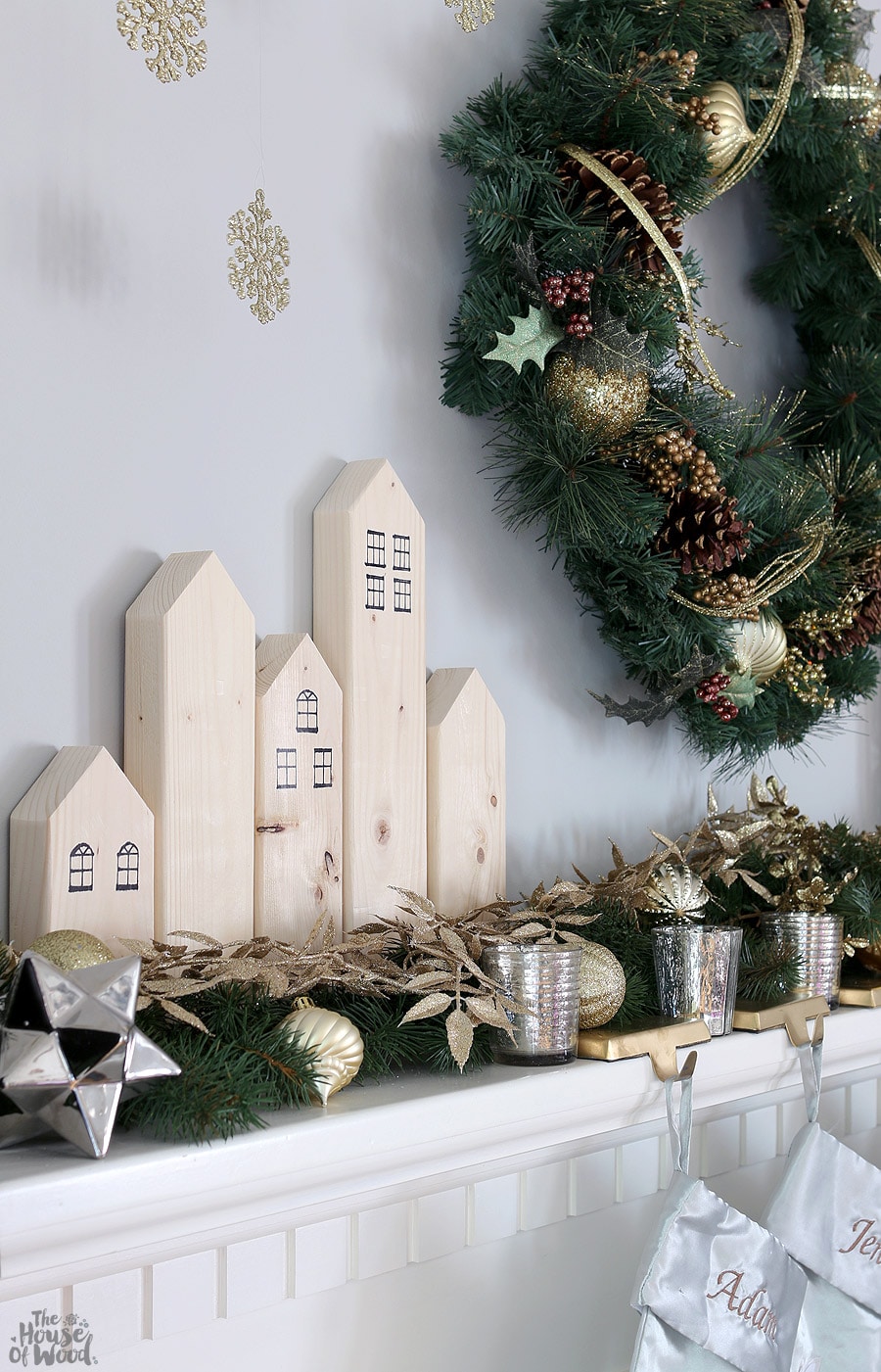 Christmas mantel with scrap wood village via Jen Woodhouse