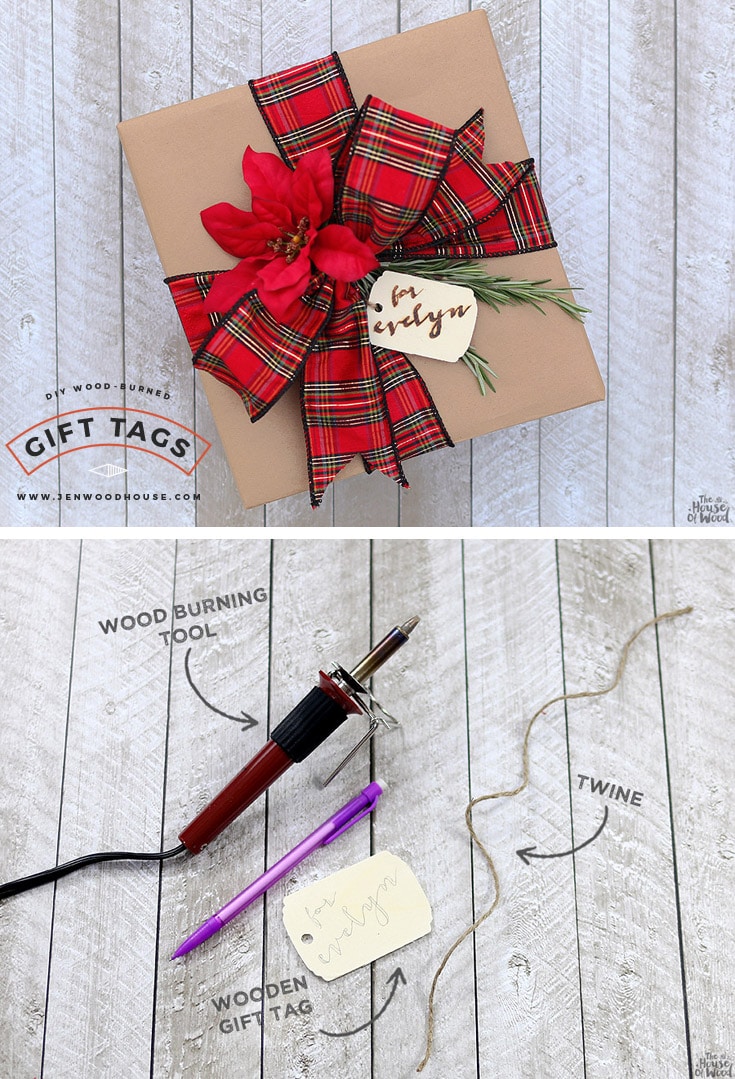 Christmas gift wrapping ideas - DIY wood-burned gift tags via Jen Woodhouse