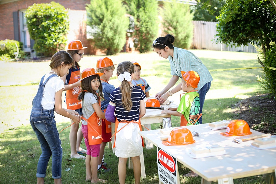 Host a fun construction-themed kids party with Home Depot workshop building kits!