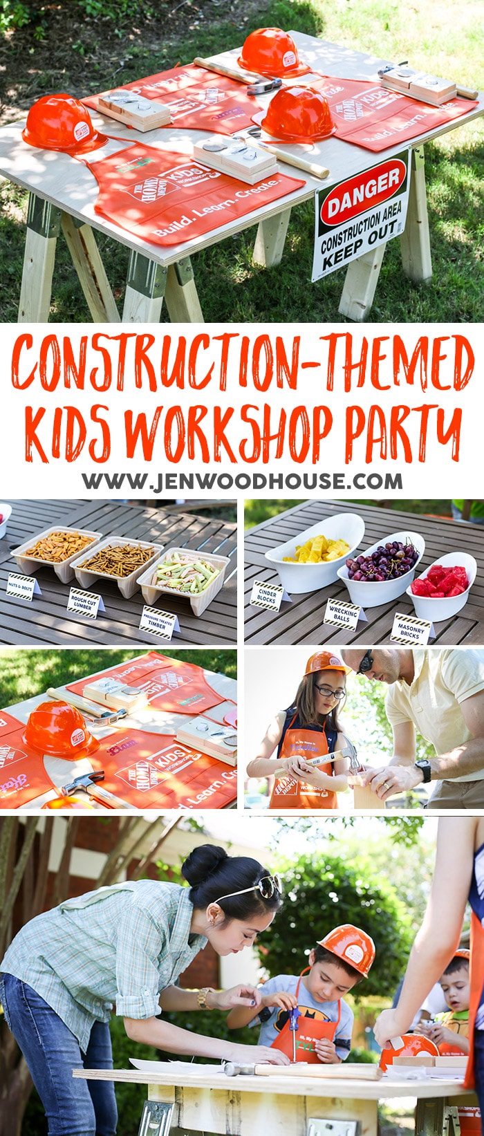 Host a fun construction-themed kids workshop party where the kids can build things! Workshop kits sold at HomeDepot.com