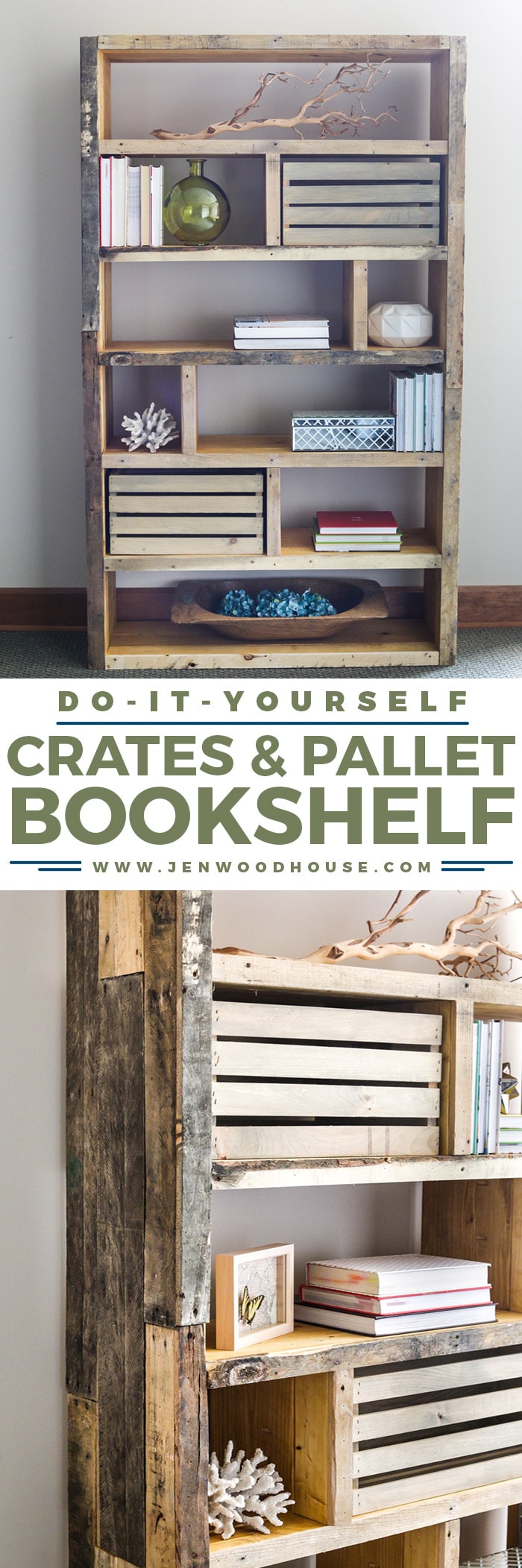 Build this beautiful and rustic bookshelf with reclaimed pallet wood and crates. Free building plans by Jen Woodhouse