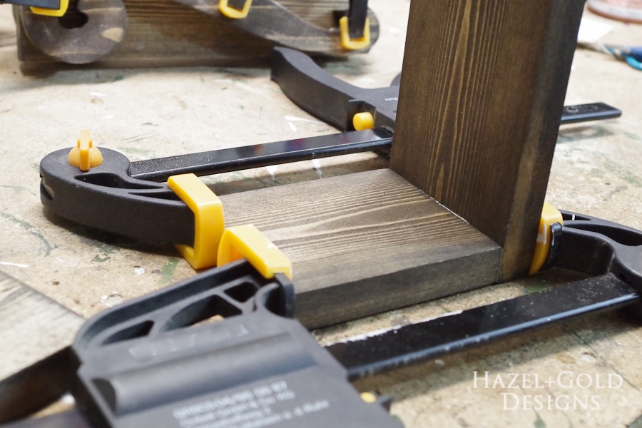 DIY Decorative Wooden Bookends- glue and clamp base pieces together