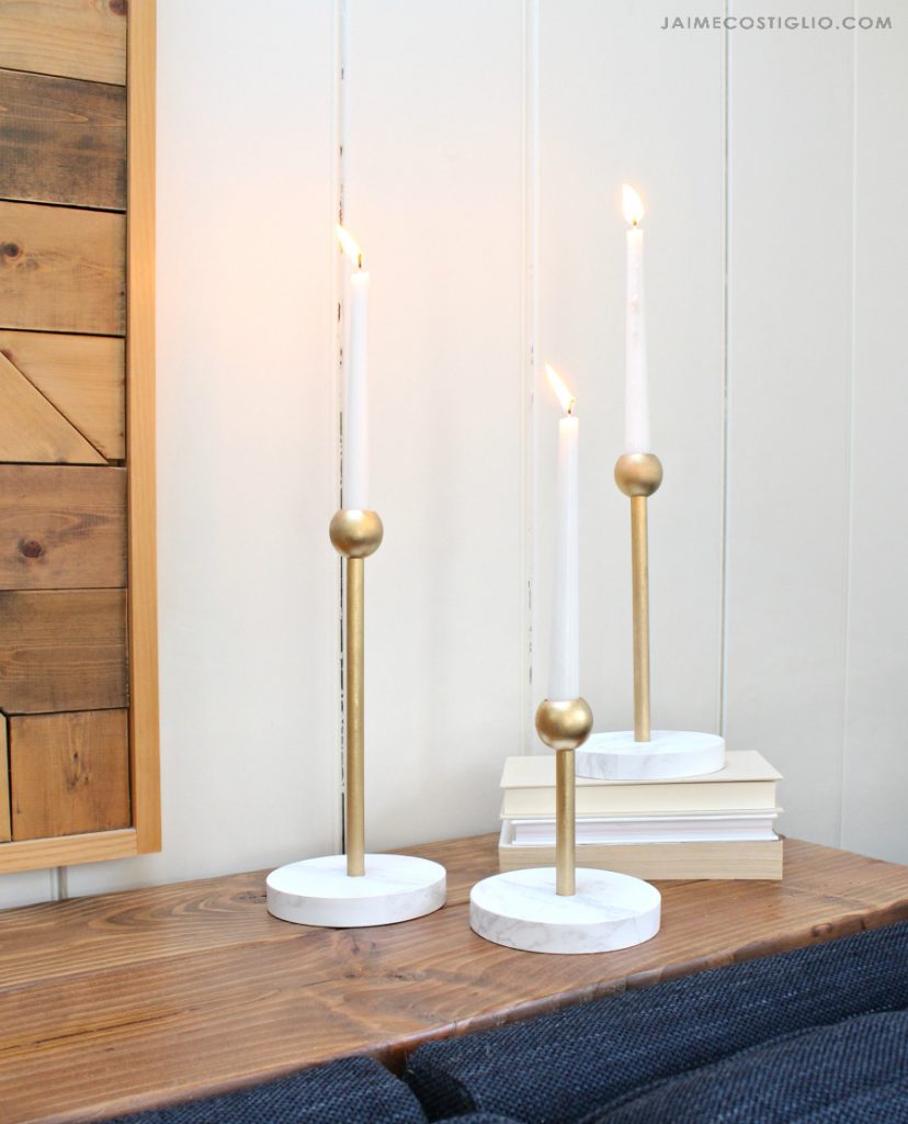 How to make DIY faux brass and marble candle holders