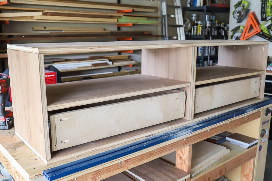 DIY entertainment center media console - drawers are installed!