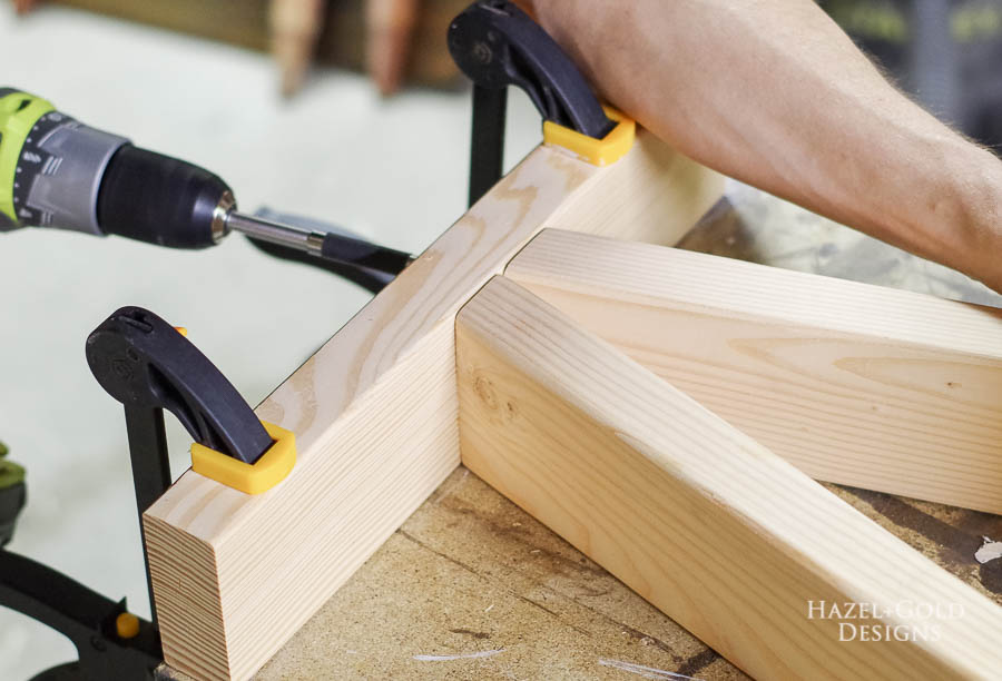 Easy DIY Outdoor Bench - Attach Legs by drilling screws through bottom boards at angle