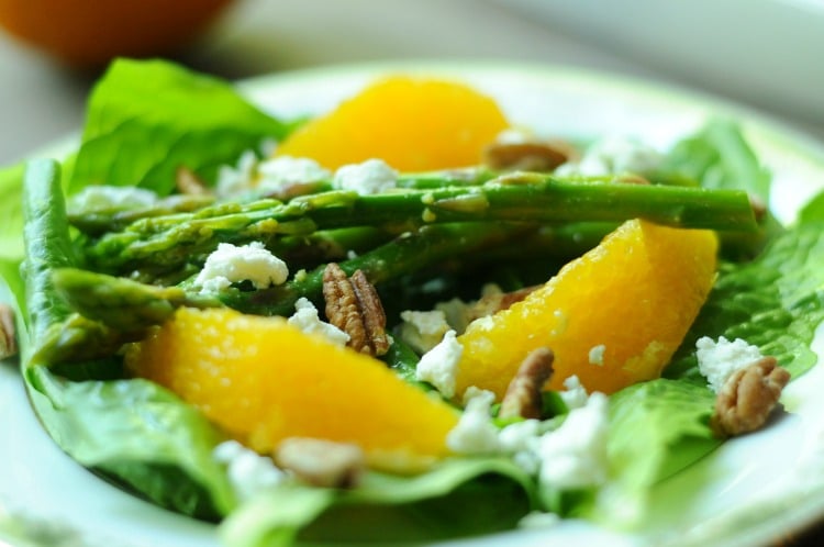 Spring Salad with Marinated Asparagus, Oranges, Goat Cheese, and Toasted Pecans written from House of Wood by Biscuits & Burlap