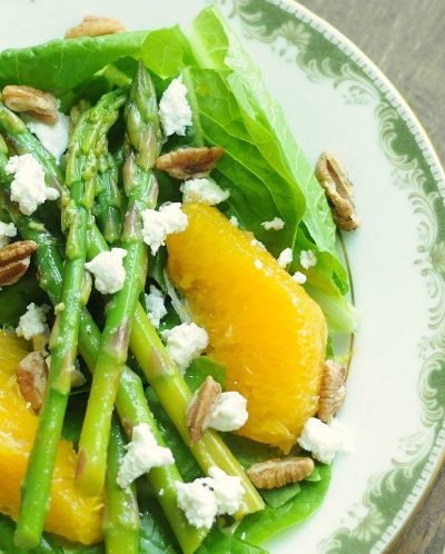 Spring Salad with Marinated Asparagus, Oranges, Goat Cheese, and Toasted Pecans written from House of Wood by Biscuits & Burlap
