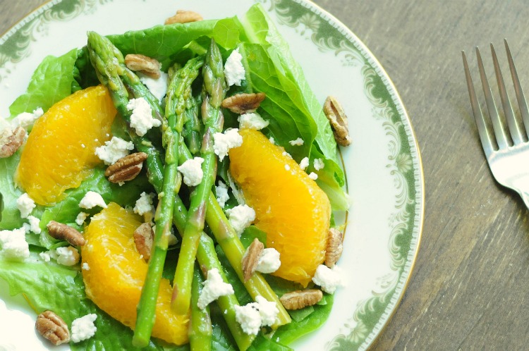 Spring Salad with Marinated Asparagus, Oranges, Goat Cheese, and Toasted Pecans written from House of Wood by Biscuits & Burlap