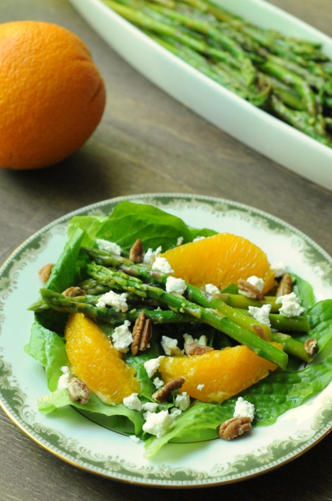 Spring Salad with Marinated Asparagus, Oranges, Goat Cheese, and Toasted Pecans written from House of Wood by Biscuits & Burlap