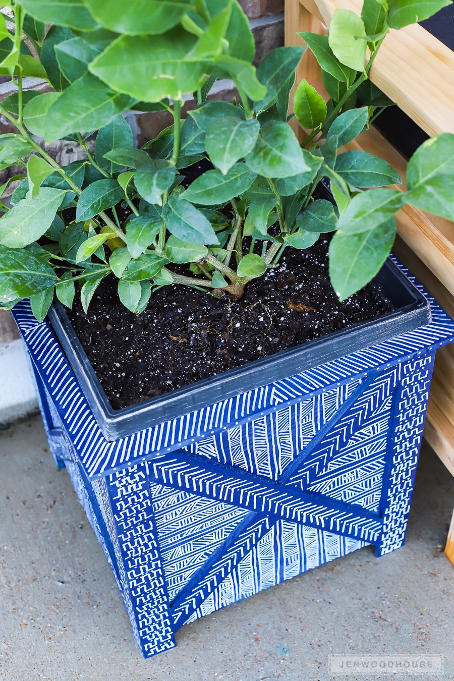 DIY box planter with hand-painted mud cloth design