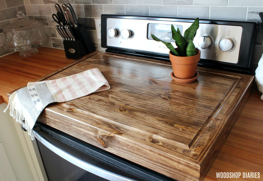 Make a DIY wooden stove top cover and add more counter space to