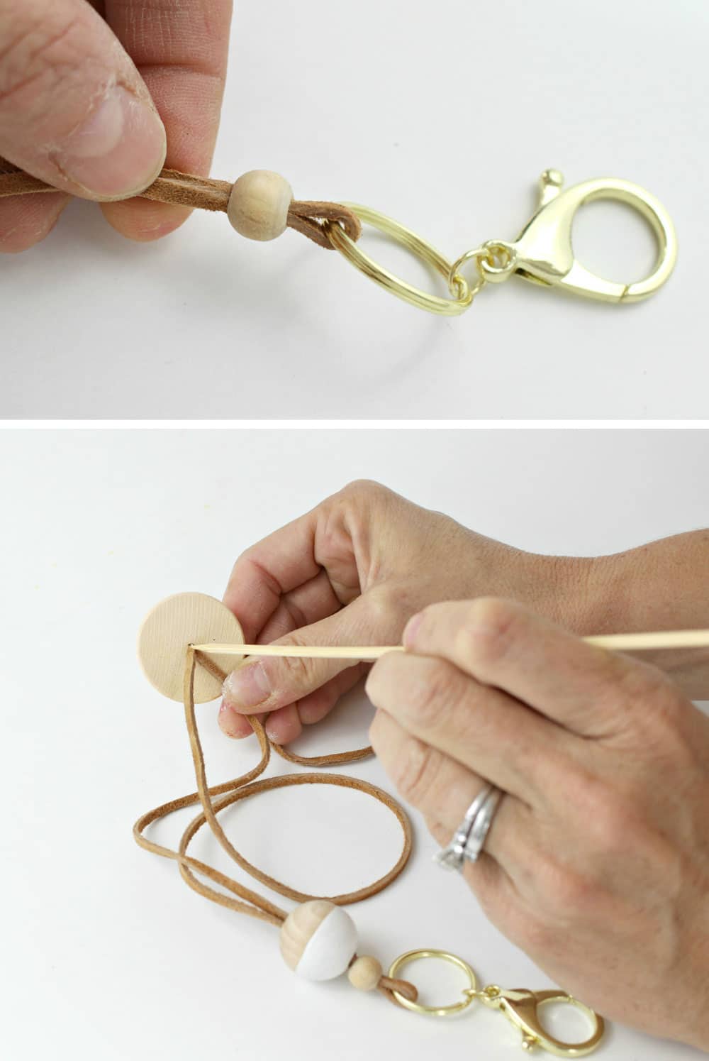 how to assemble wood pieces onto leather cording