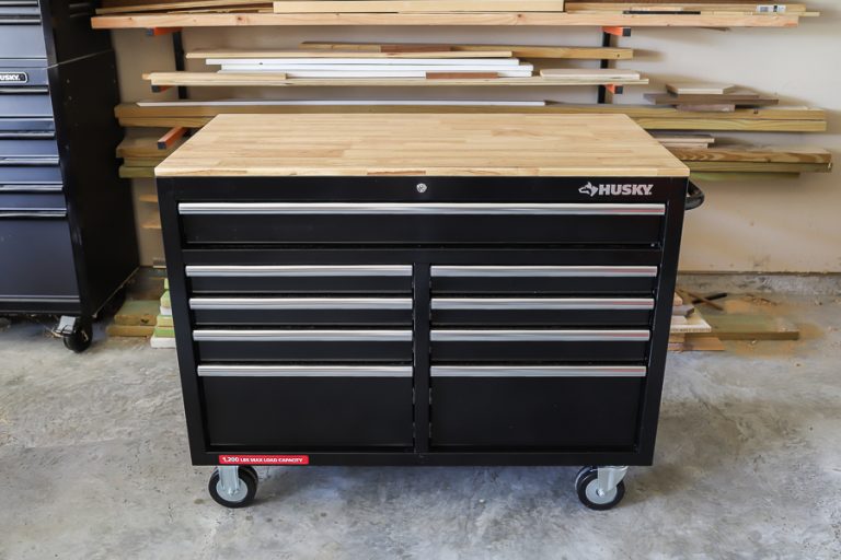 Husky Mobile Workbench Review - Spacious storage and a solid wood top