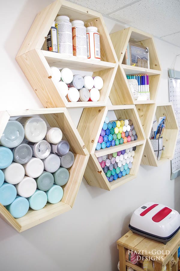 DIY Hexagon Shelf for Craft Storage- finished left side