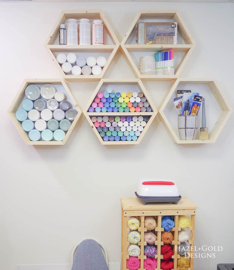 DIY Hexagon Shelf for Craft Storage- finished straight on