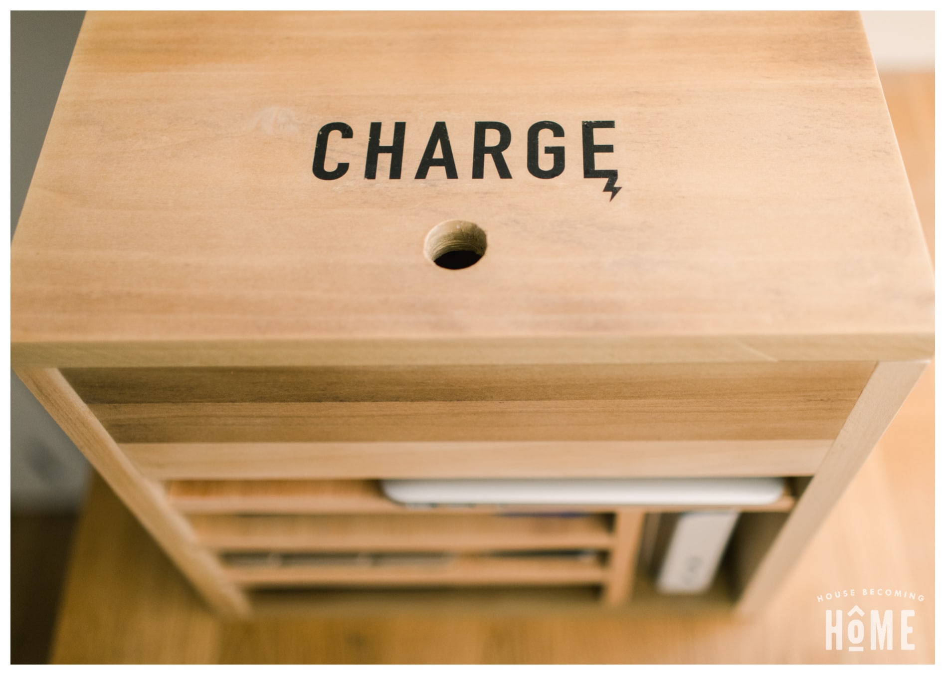 DIY Charging Station with Charge Icon Printed on Wood