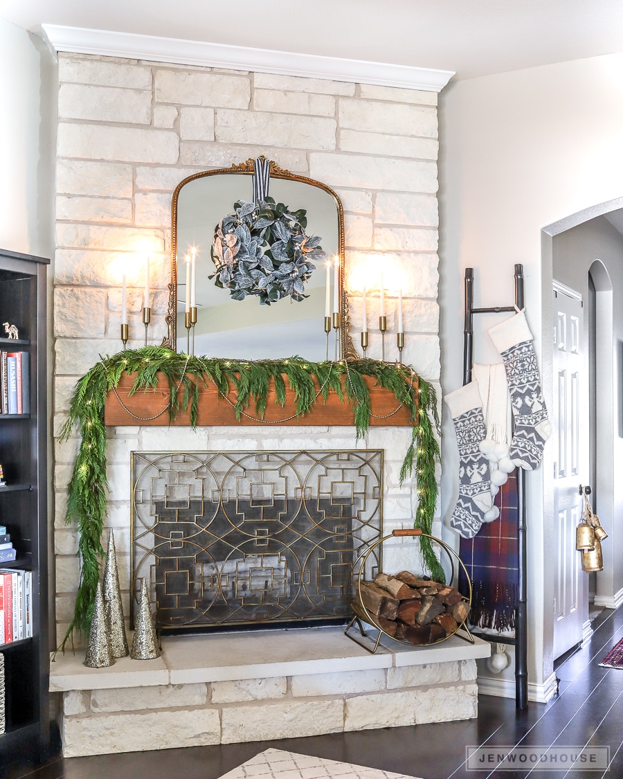 Christmas mantel with fresh cedar garland