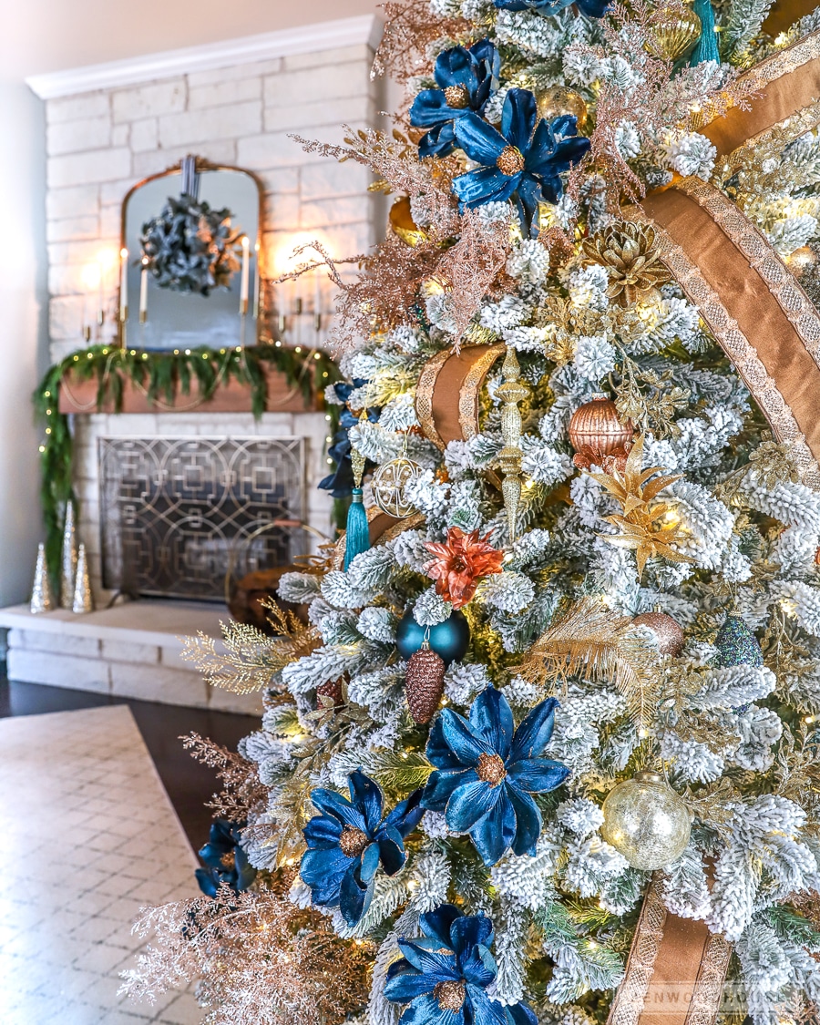 Navy blue, copper, and gold Christmas tree decor