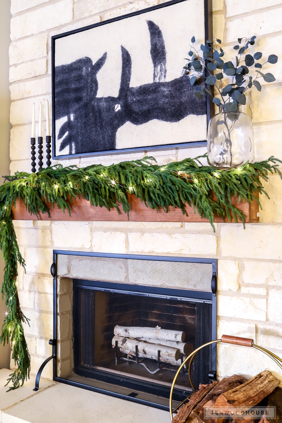 Modern mantel decorated for Christmas