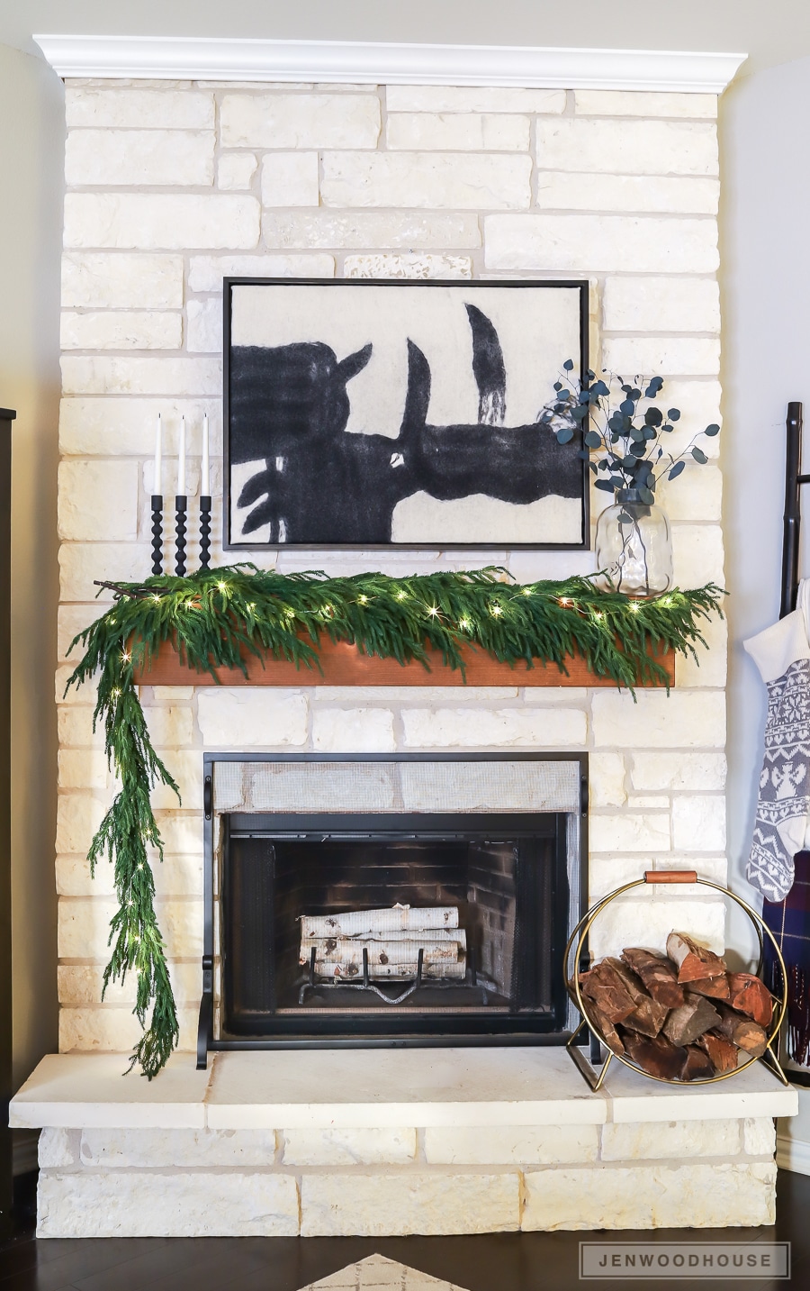 Modern minimalist mantel decorated for Christmas