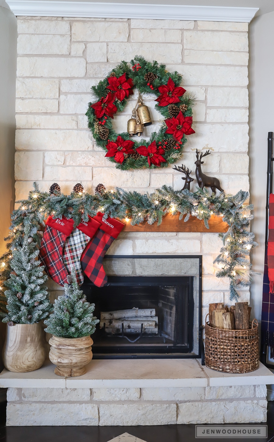 Rustic farmhouse mantel decorated for Christmas