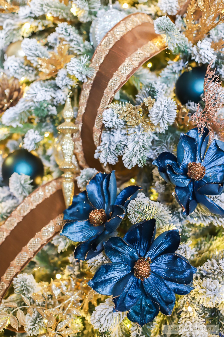 Beautiful navy blue and copper Christmas decorations