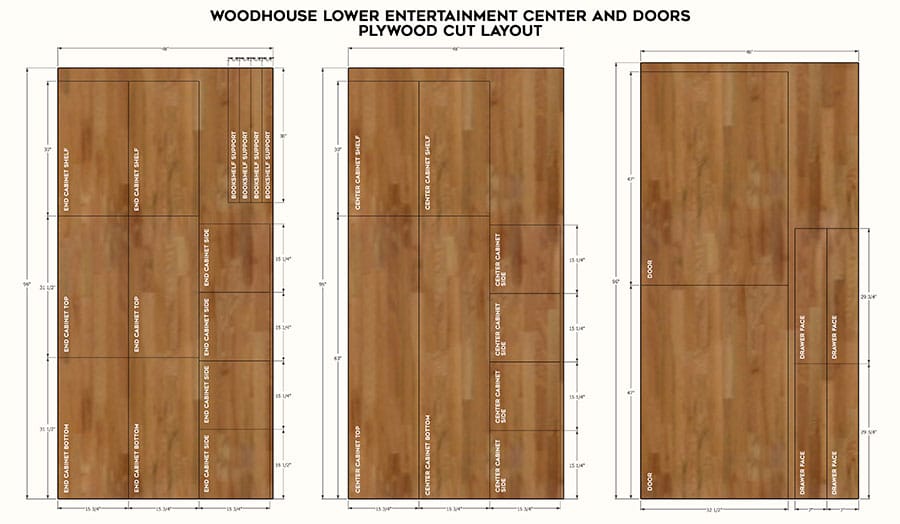 DIY entertainment center plywood cut layout - plans by Jen Woodhouse