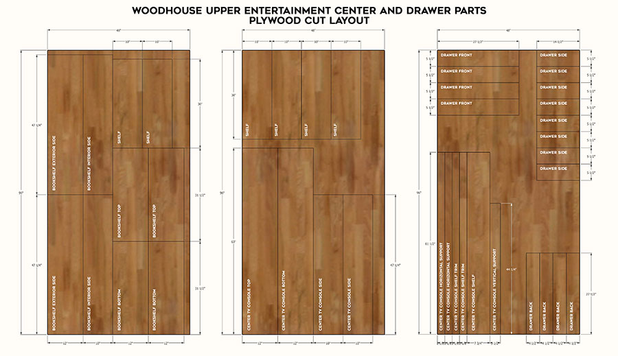 Plywood cut layout of DIY entertainment center - project plans by Jen Woodhouse