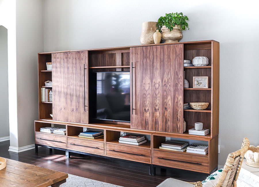 How to make a modern sliding door entertainment center Arhaus-inspired Sullivan Wall Unit PLANS by Jen Woodhouse