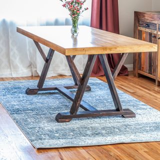 How to build a DIY trestle dining table with angled legs. Free plans by Jen Woodhouse
