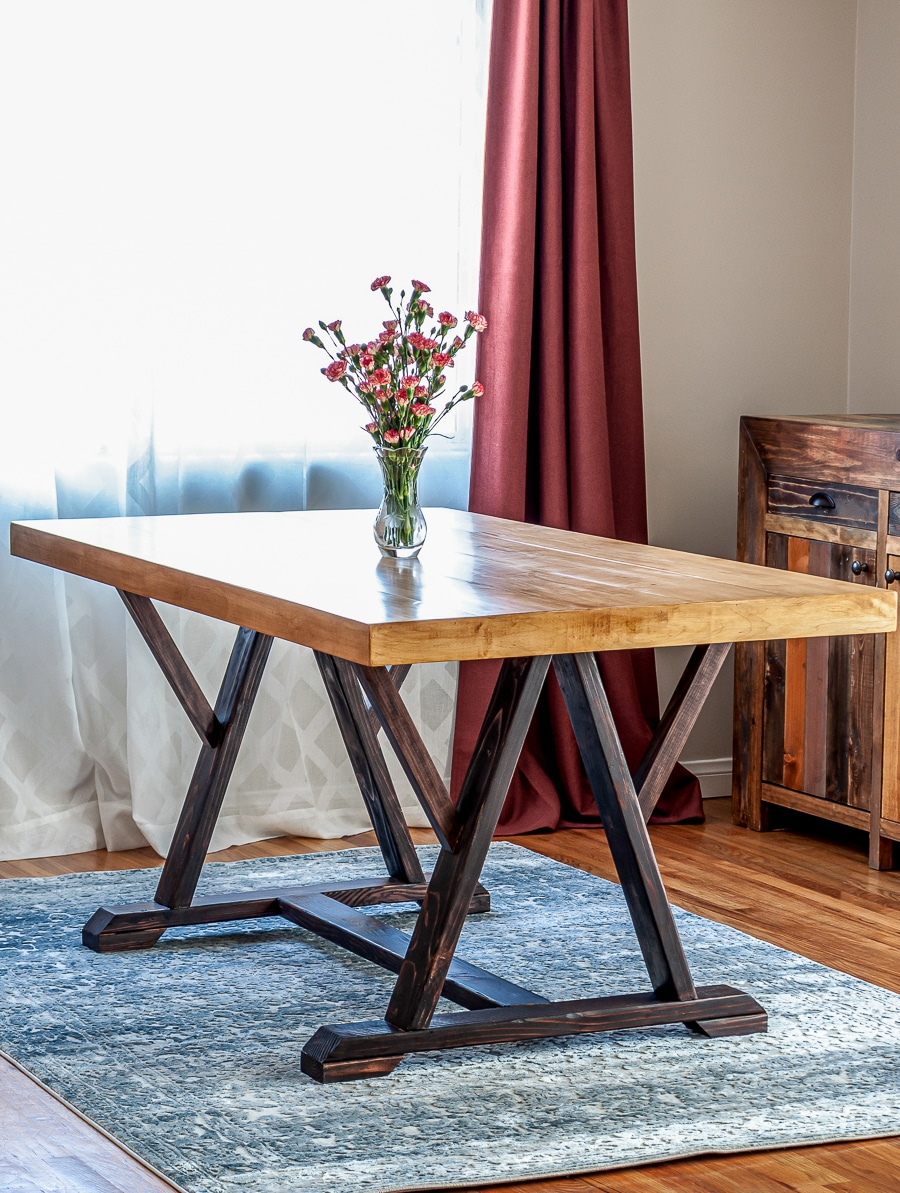 How to build a DIY angled trestle dining table. Free plans by Jen Woodhouse