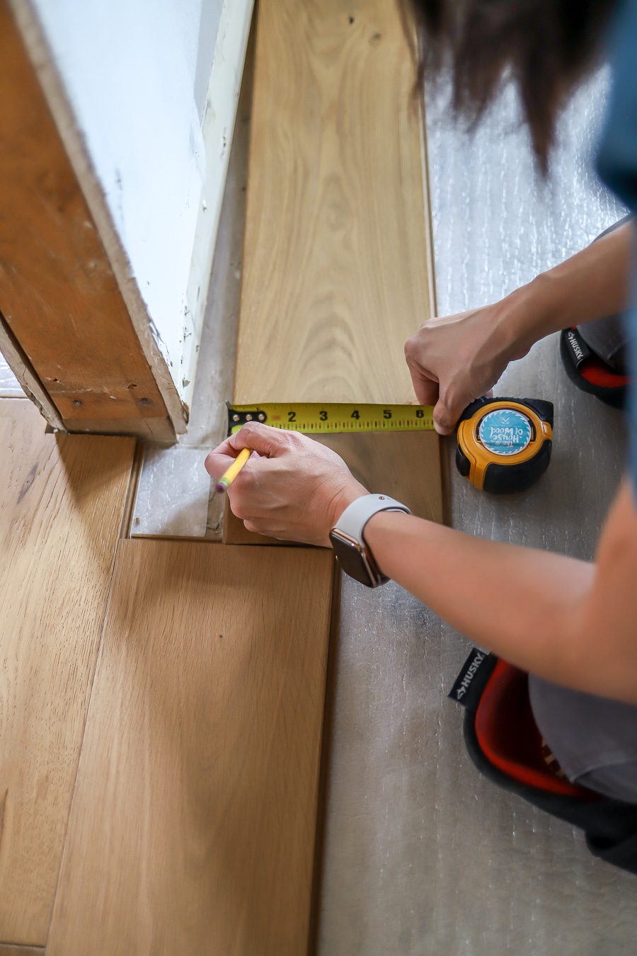 Installing last row of hardwood clearance flooring