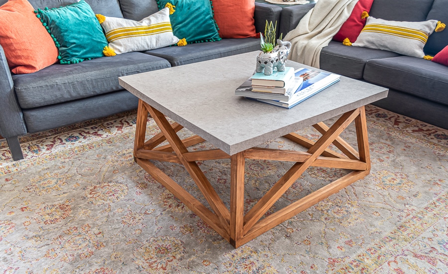 How to build a DIY concrete and wood angled X base coffee table PLANS