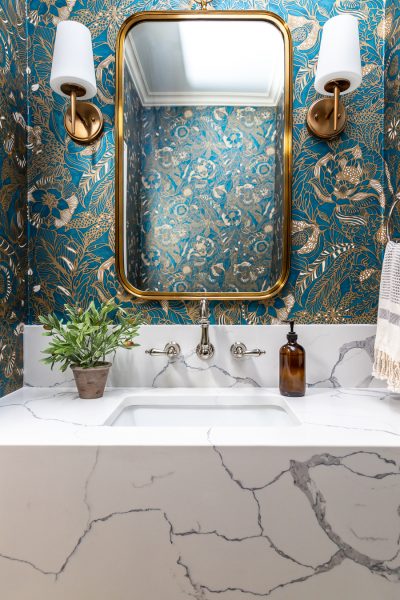 Powder Room Renovation With A Floating Vanity and Statement Wallpaper