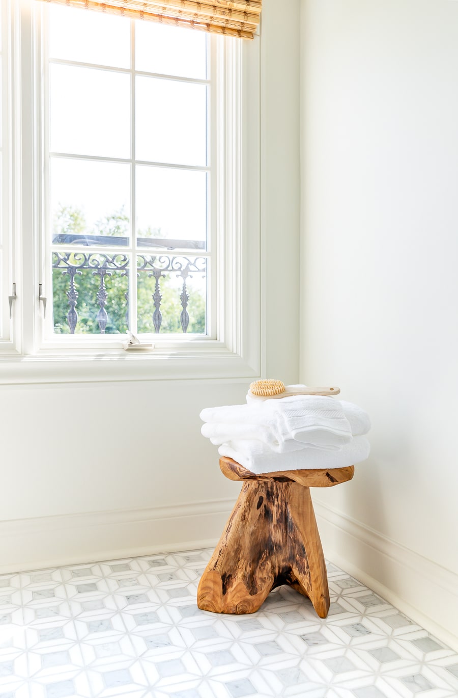 Guest bathroom renovation live edge bath stool